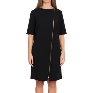 Jana Kos Black Asymmetrical Zipper Midi Dress Short Sleeve Size 8 NWT
